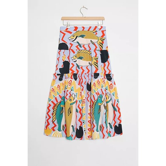 Eva Franco Anthropologie Summer Fish Ocean Tiered Midi Skirt - Picture 2 of 4